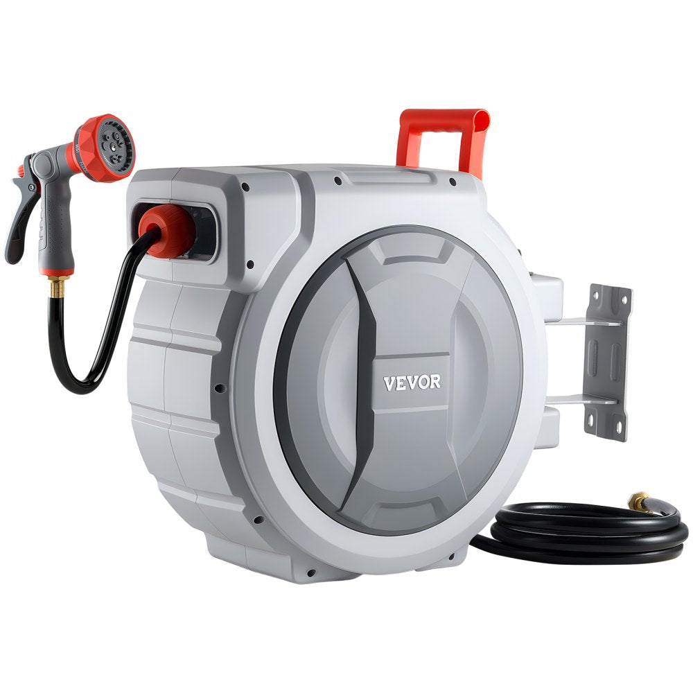 VEVOR Retractable Garden Hose Reel, 1/2 in x 130 ft, Wall Mounted Hose Reel with 9-Function Sprayer Nozzle and 180°