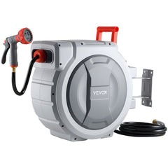 VEVOR Retractable Garden Hose Reel, 1/2 in x 130 ft, Wall Mounted Hose Reel with 9-Function Sprayer Nozzle and 180°