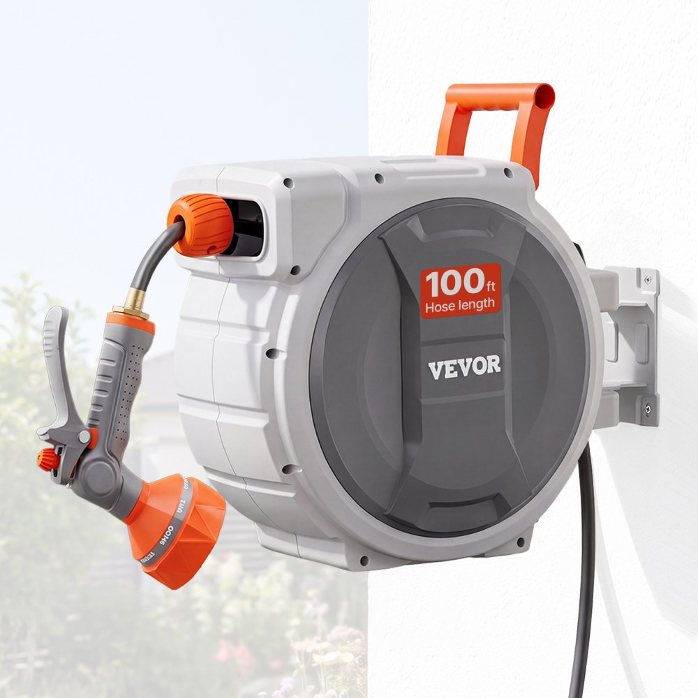 VEVOR Retractable Garden Hose Reel, 5/8 Inch x 100 ft Wall Mounted Hose Reel, Heavy Duty Garden Hose Reel with 9