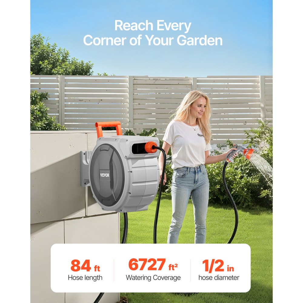 VEVOR Retractable Garden Hose Reel, 1/2 Inch x 84 ft Wall Mounted Hose Reel, Heavy Duty Garden Hose Reel with 9