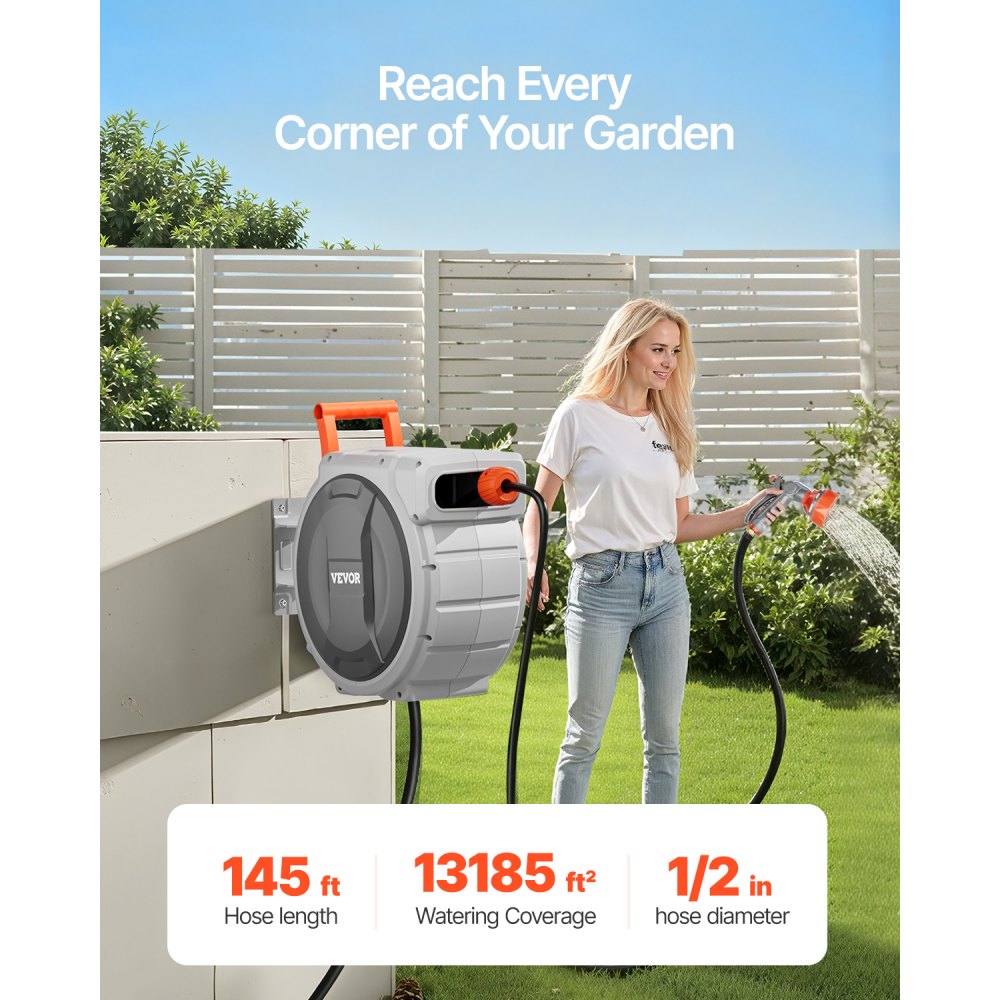 VEVOR Retractable Garden Hose Reel, 1/2 Inch x 145 ft Wall Mounted Hose Reel, Heavy Duty Garden Hose Reel with 9