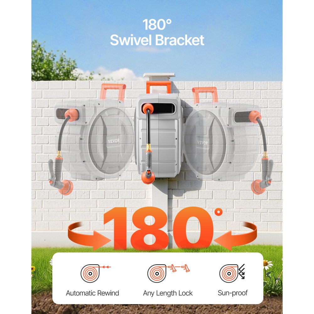 VEVOR Retractable Garden Hose Reel, 1/2 Inch x 65 ft Wall Mounted Hose Reel, Heavy Duty Garden Hose Reel with 9