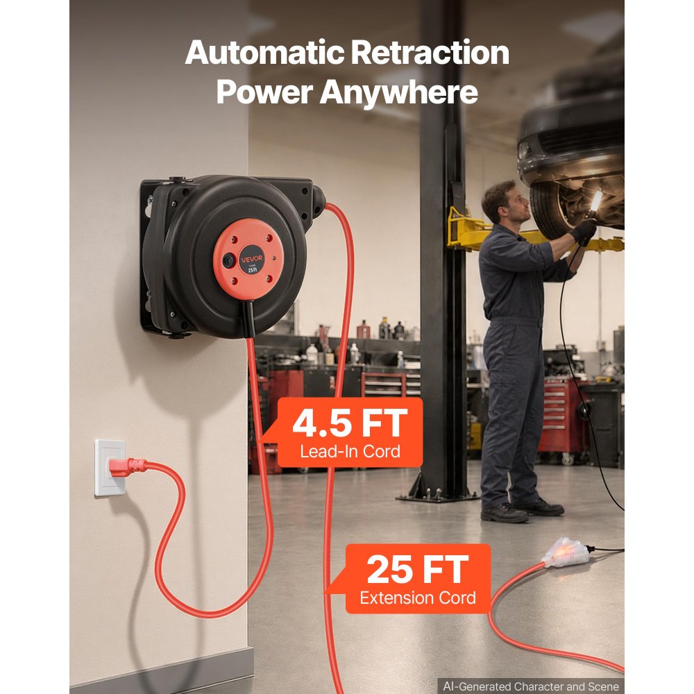 VEVOR Retractable Extension Cord Reel 25FT Heavy Duty 14AWG/3C SJTOW Red, for Ceiling/Wall Mount, 13A Circuit Breaker