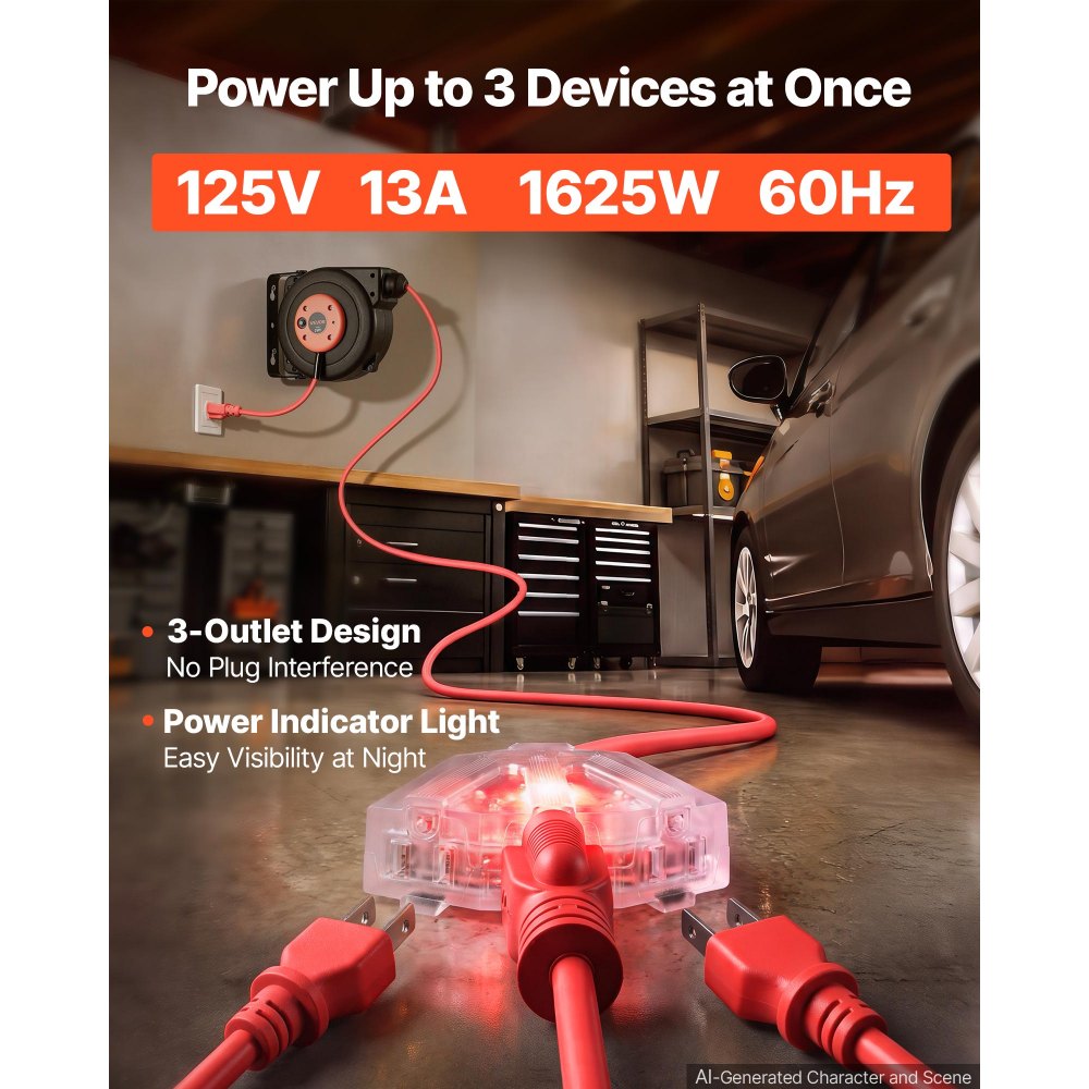 VEVOR Retractable Extension Cord Reel 25FT Heavy Duty 14AWG/3C SJTOW Red, for Ceiling/Wall Mount, 13A Circuit Breaker