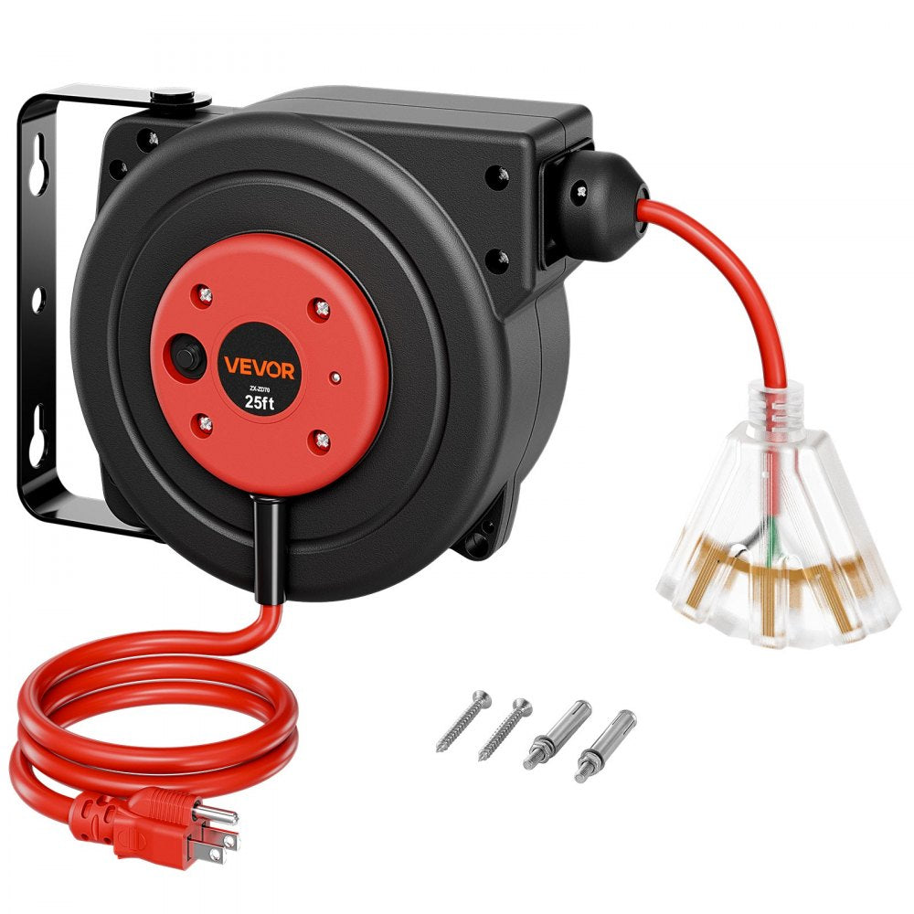 VEVOR Retractable Extension Cord Reel 25FT Heavy Duty 14AWG/3C SJTOW Red, for Ceiling/Wall Mount, 13A Circuit Breaker