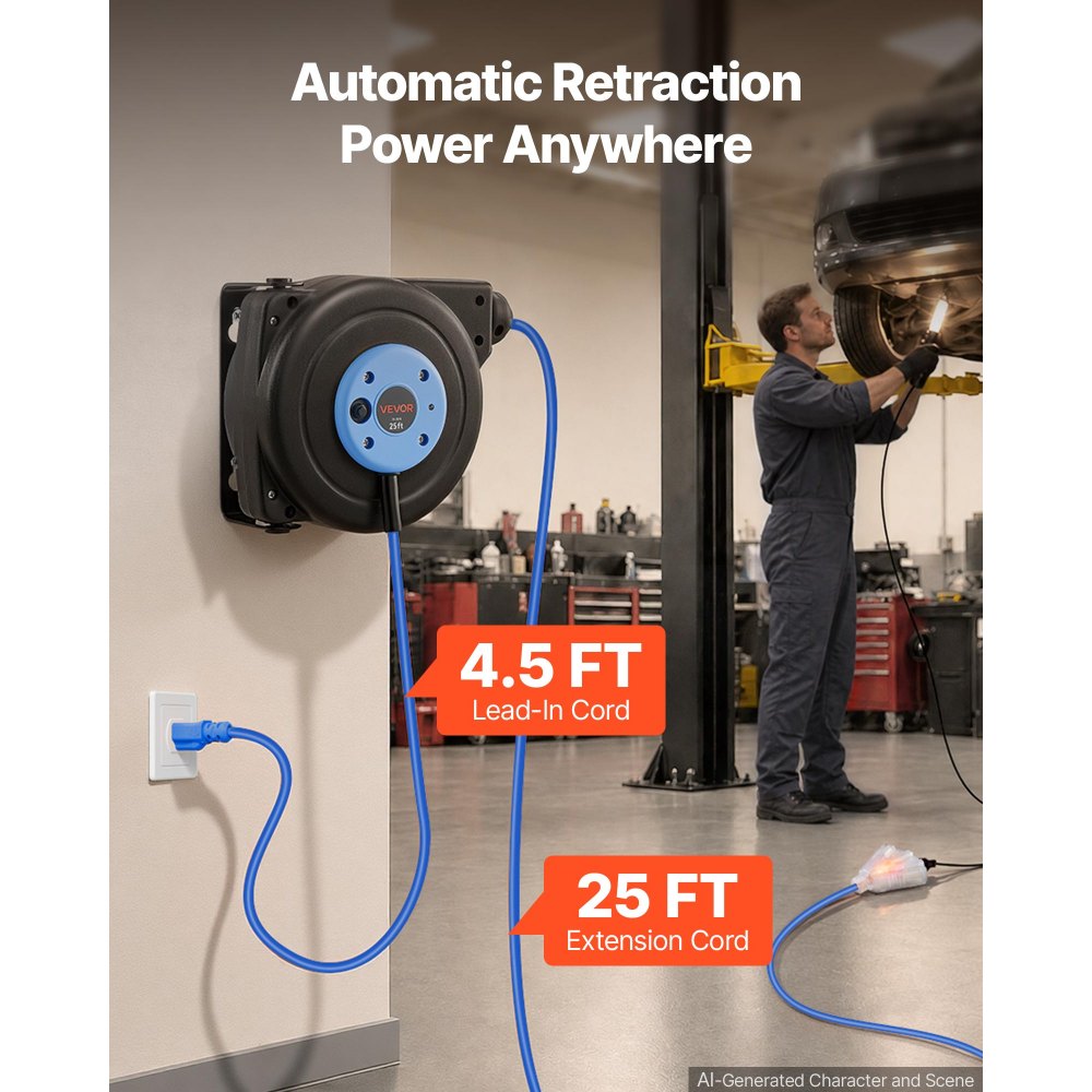 VEVOR Retractable Extension Cord Reel 25FT Heavy Duty 14AWG/3C SJTOW Blue, for Ceiling/Wall Mount, 13A Circuit Breaker
