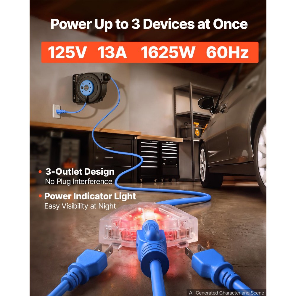 VEVOR Retractable Extension Cord Reel 25FT Heavy Duty 14AWG/3C SJTOW Blue, for Ceiling/Wall Mount, 13A Circuit Breaker