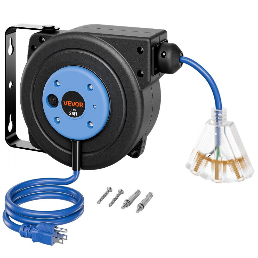 VEVOR Retractable Extension Cord Reel 25FT Heavy Duty 14AWG/3C SJTOW Blue, for Ceiling/Wall Mount, 13A Circuit Breaker