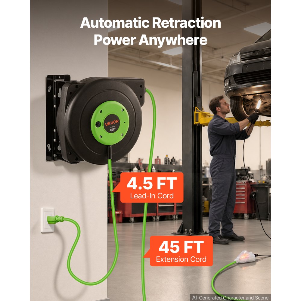 VEVOR Retractable Extension Cord Reel 45FT Heavy Duty 12AWG/3C SJTOW Green, for Ceiling/Wall Mount, 15A Circuit