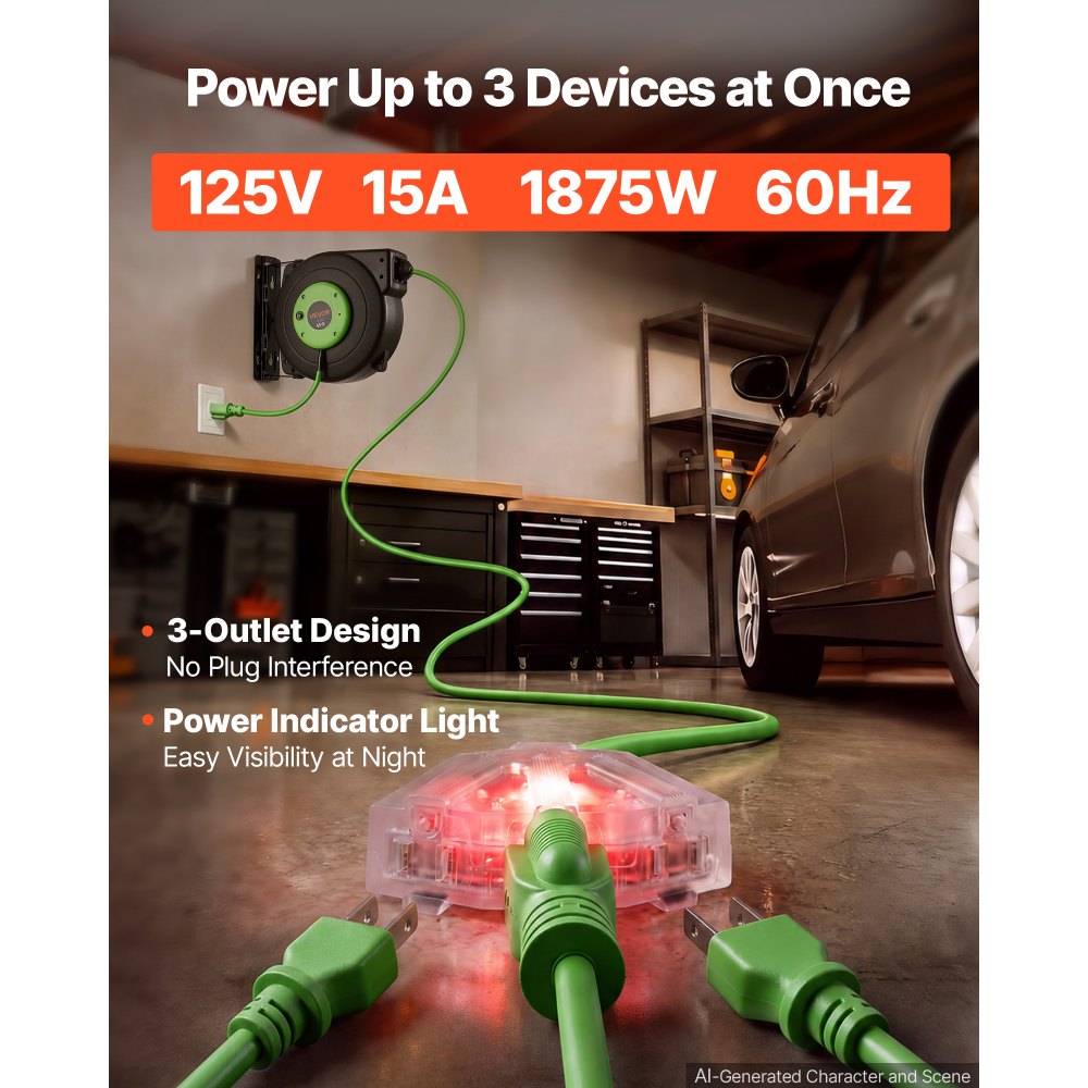 VEVOR Retractable Extension Cord Reel 45FT Heavy Duty 12AWG/3C SJTOW Green, for Ceiling/Wall Mount, 15A Circuit