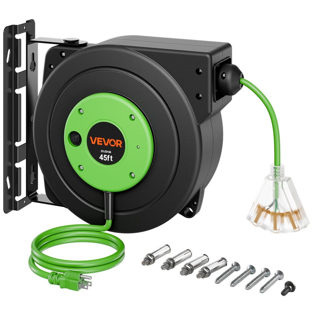 VEVOR Retractable Extension Cord Reel 45FT Heavy Duty 12AWG/3C SJTOW Green, for Ceiling/Wall Mount, 15A Circuit