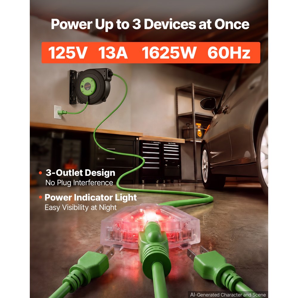 VEVOR Retractable Extension Cord Reel 50FT Heavy Duty 14AWG/3C SJTOW Green, for Ceiling/Wall Mount, 13A Circuit
