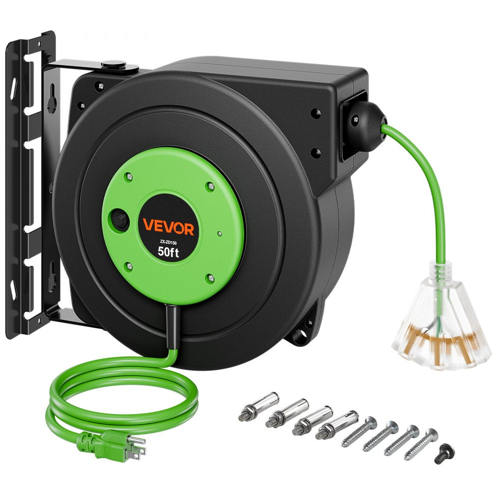 VEVOR Retractable Extension Cord Reel 50FT Heavy Duty 14AWG/3C SJTOW Green, for Ceiling/Wall Mount, 13A Circuit