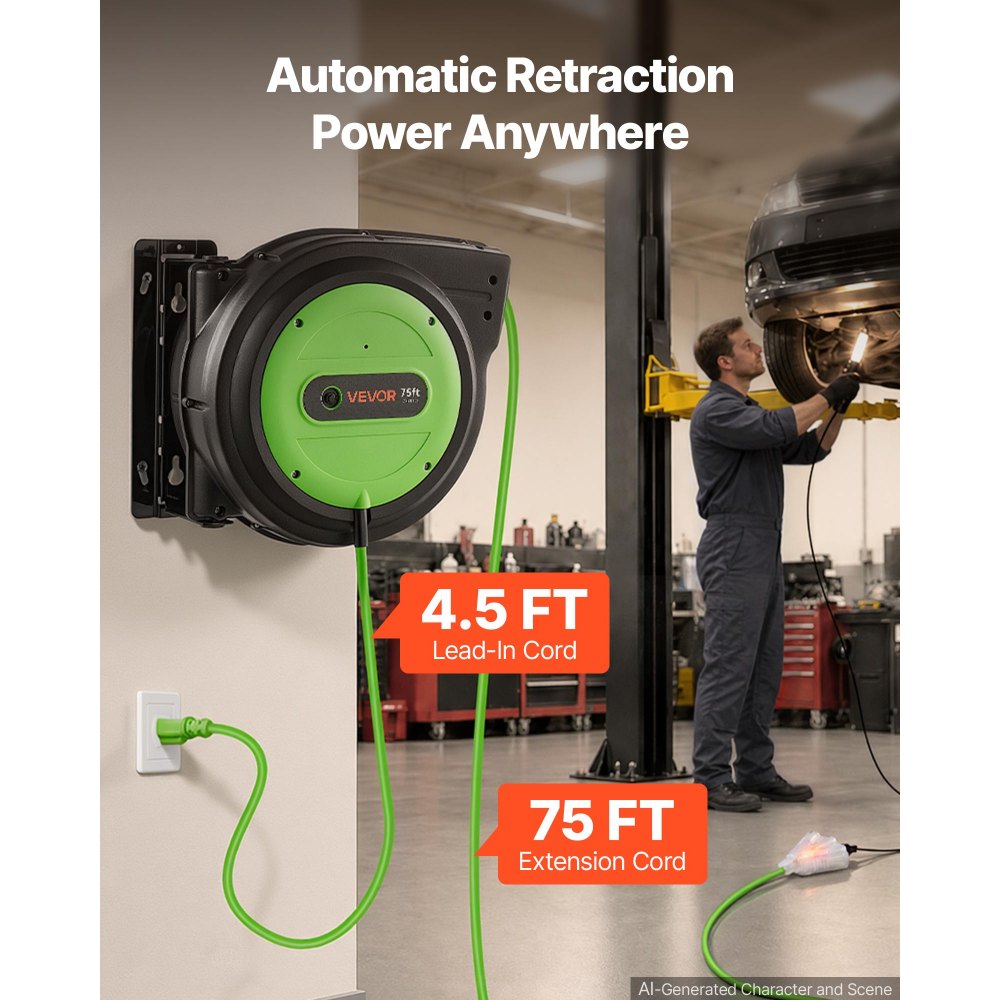 VEVOR Retractable Extension Cord Reel 75FT Heavy Duty 14AWG/3C SJTOW Green, for Ceiling/Wall Mount, 13A Circuit