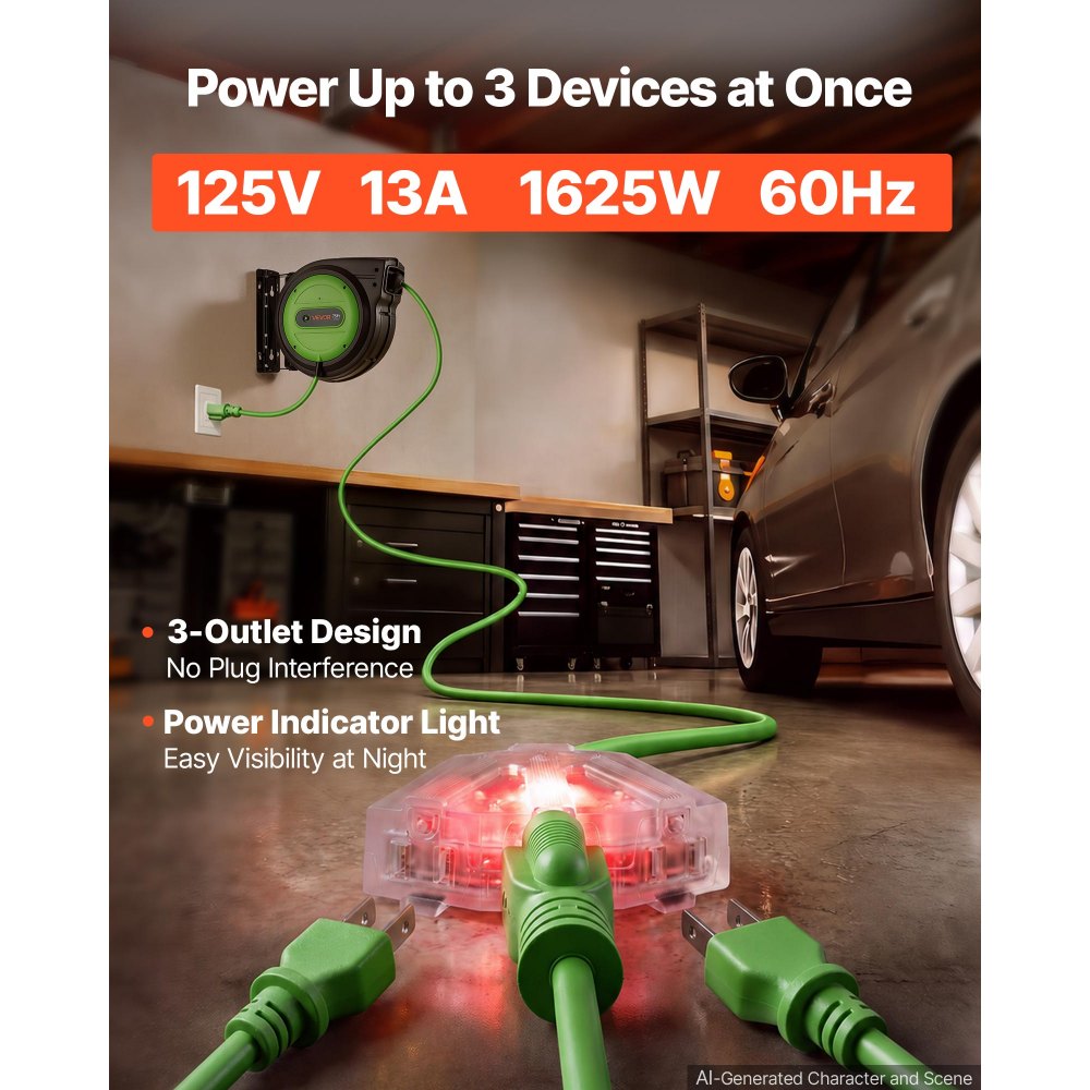 VEVOR Retractable Extension Cord Reel 75FT Heavy Duty 14AWG/3C SJTOW Green, for Ceiling/Wall Mount, 13A Circuit