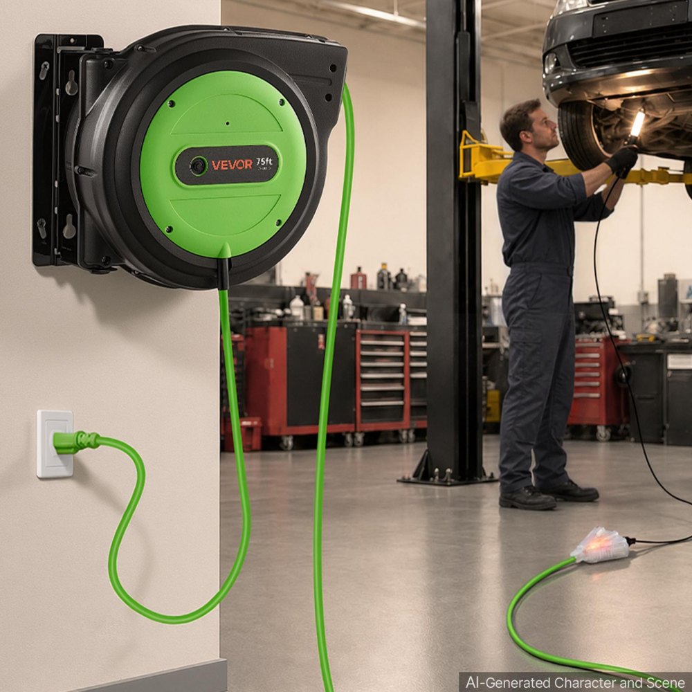 VEVOR Retractable Extension Cord Reel 75FT Heavy Duty 14AWG/3C SJTOW Green, for Ceiling/Wall Mount, 13A Circuit