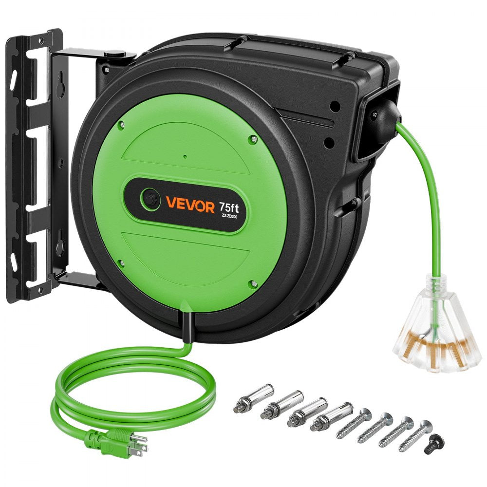 VEVOR Retractable Extension Cord Reel 75FT Heavy Duty 14AWG/3C SJTOW Green, for Ceiling/Wall Mount, 13A Circuit