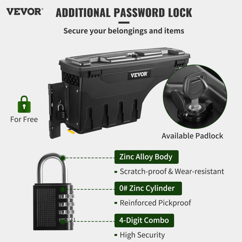 VEVOR Truck Bed Storage Box, Lockable Lid, Waterproof ABS Wheel Well Tool Box 6.6 Gal/20 L with Password Padlock