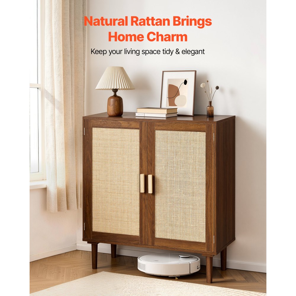 VEVOR Rattan Cabinet, Rattan Storage Cabinet with 2 Magnetic Doors and Adjustable Shelves, Accent Sideboard Buffet with