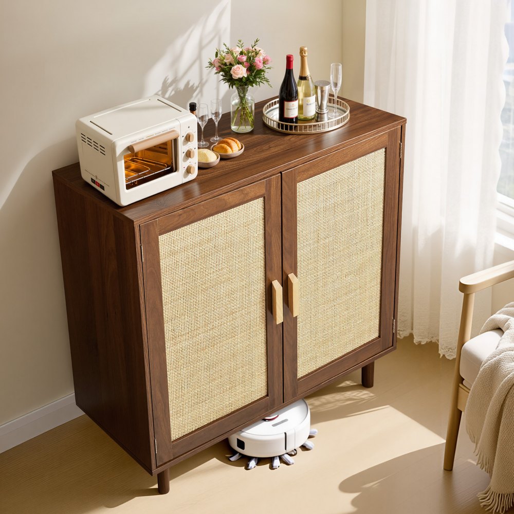 VEVOR Rattan Cabinet, Rattan Storage Cabinet with 2 Magnetic Doors and Adjustable Shelves, Accent Sideboard Buffet with