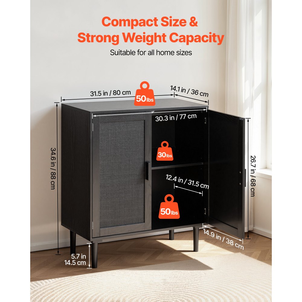 VEVOR Rattan Cabinet, Rattan Storage Cabinet with 2 Magnetic Doors and Adjustable Shelves, Accent Sideboard Buffet with