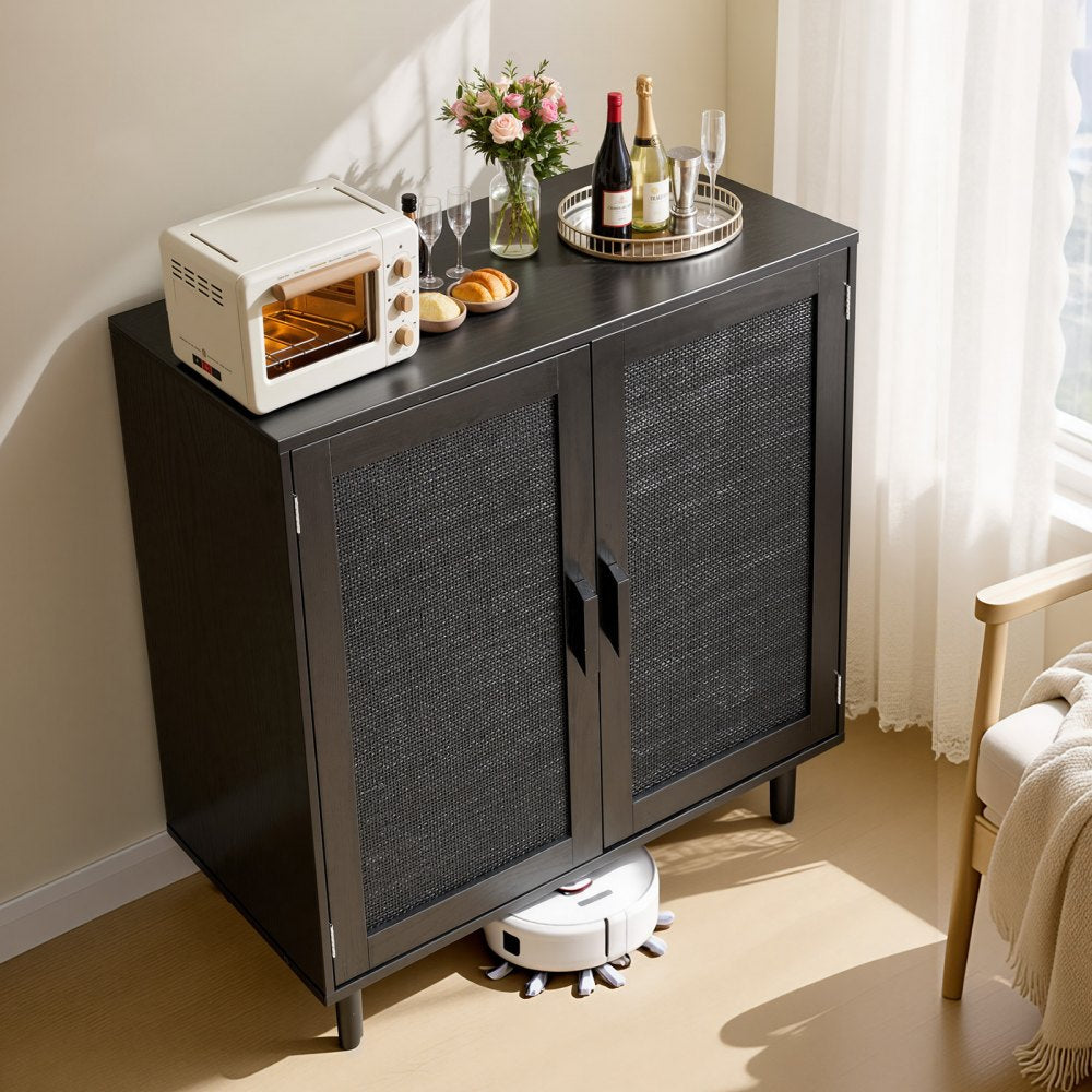 VEVOR Rattan Cabinet, Rattan Storage Cabinet with 2 Magnetic Doors and Adjustable Shelves, Accent Sideboard Buffet with