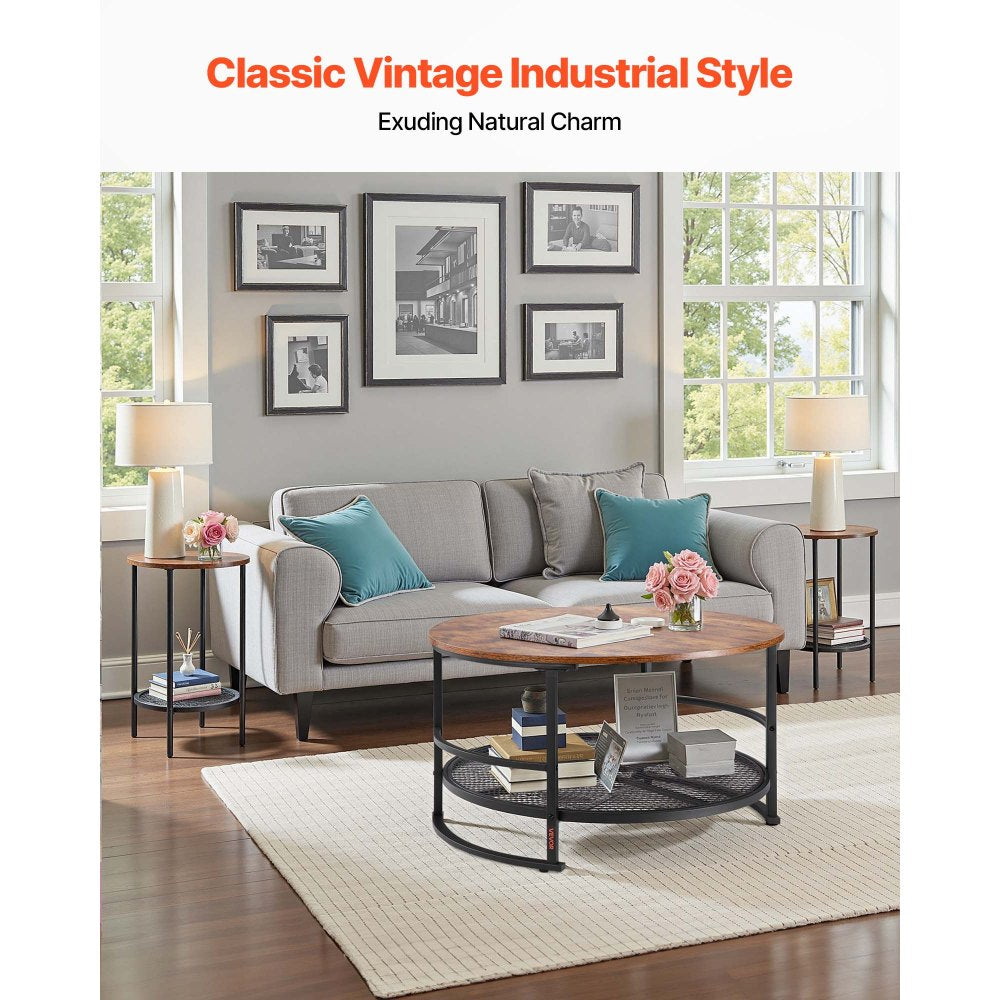VEVOR 3 Pieces Round Coffee Table Sets, 31.5 in Industrial Living Room Table with 2 End Side Tables, Easy Assembly