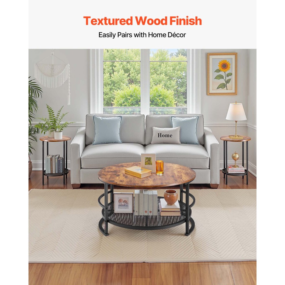 VEVOR 3 Pieces Round Coffee Table Sets, 31.5 in Industrial Living Room Table with 2 End Side Tables, Easy Assembly