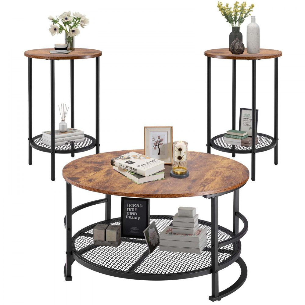 VEVOR 3 Pieces Round Coffee Table Sets, 31.5 in Industrial Living Room Table with 2 End Side Tables, Easy Assembly