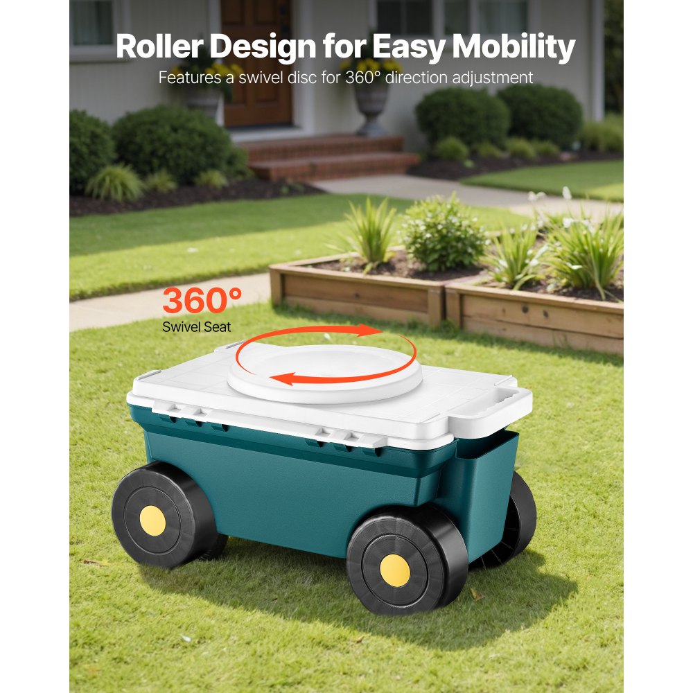 VEVOR Garden Scooter with Seat, 2 in 1 Rolling Garden Cart with Storage Bin, Supports up to 227 lbs, Outdoor Wagon