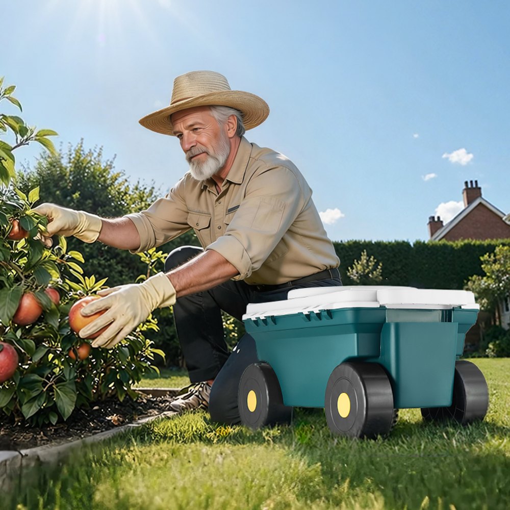 VEVOR Garden Scooter with Seat, 2 in 1 Rolling Garden Cart with Storage Bin, Supports up to 227 lbs, Outdoor Wagon