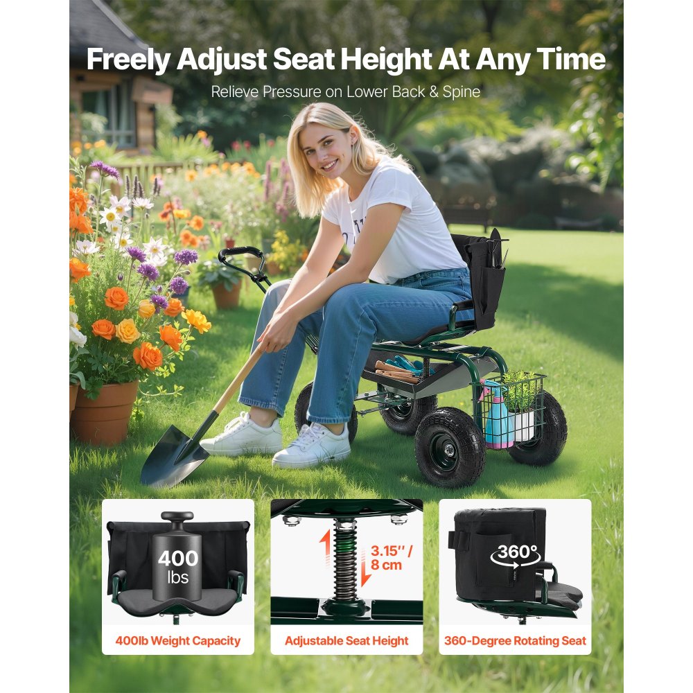 VEVOR Garden Seat with Wheels, Rolling Garden Stool with Height Adjustable & 360° Swivel Seat, 400lbs Weight Capacity
