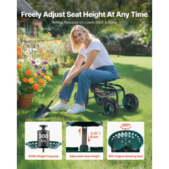 VEVOR Rolling Garden Cart with Swivel Seat, Heavy Duty Garden Seat with Storage Basket & Tool Tray, 300 lbs Weight