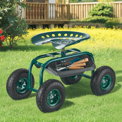 VEVOR Rolling Garden Cart with Swivel Seat, Heavy Duty Garden Seat with Storage Basket & Tool Tray, 300 lbs Weight