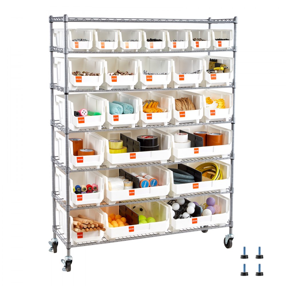 VEVOR 7-Tier Rolling Bin Storage Rack, 26 Organizer Bins, Bin Rack Storage Steel Wire Shelving System with Wheels