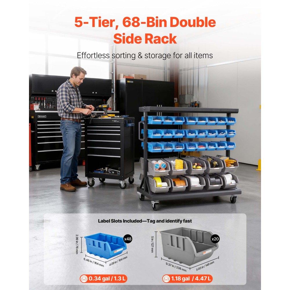 VEVOR 5-Tier Double-Sided Rolling Bin Storage Rack, 68 Plastic Bins, Dual-Sided Parts Organizer with Wheels, Mobile