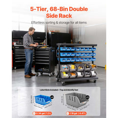 VEVOR 5-Tier Double-Sided Rolling Bin Storage Rack, 68 Plastic Bins, Dual-Sided Parts Organizer with Wheels, Mobile