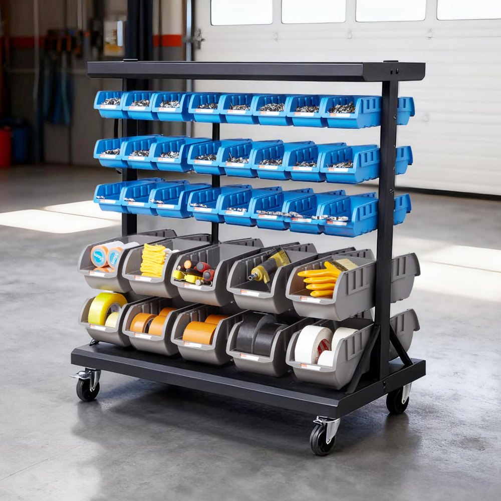 VEVOR 5-Tier Double-Sided Rolling Bin Storage Rack, 68 Plastic Bins, Dual-Sided Parts Organizer with Wheels, Mobile