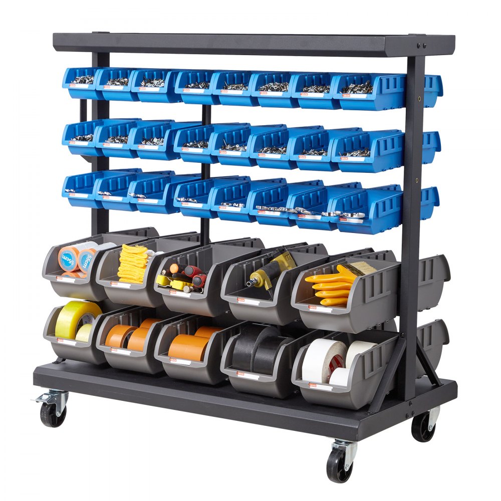 VEVOR 5-Tier Double-Sided Rolling Bin Storage Rack, 68 Plastic Bins, Dual-Sided Parts Organizer with Wheels, Mobile