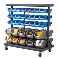 VEVOR 5-Tier Double-Sided Rolling Bin Storage Rack, 68 Plastic Bins, Dual-Sided Parts Organizer with Wheels, Mobile