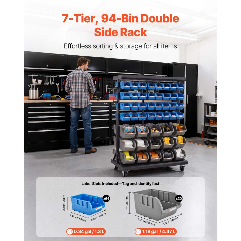 VEVOR 7-Tier Double-Sided Rolling Bin Storage Rack, 94 Plastic Bins, Dual-Sided Parts Organizer with Wheels, Mobile