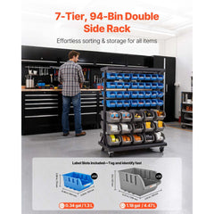 VEVOR 7-Tier Double-Sided Rolling Bin Storage Rack, 94 Plastic Bins, Dual-Sided Parts Organizer with Wheels, Mobile