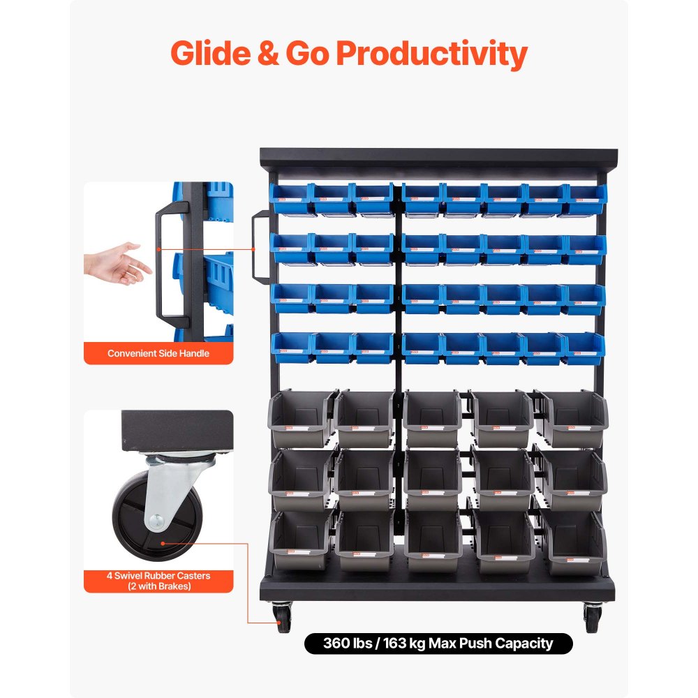 VEVOR 7-Tier Double-Sided Rolling Bin Storage Rack, 94 Plastic Bins, Dual-Sided Parts Organizer with Wheels, Mobile