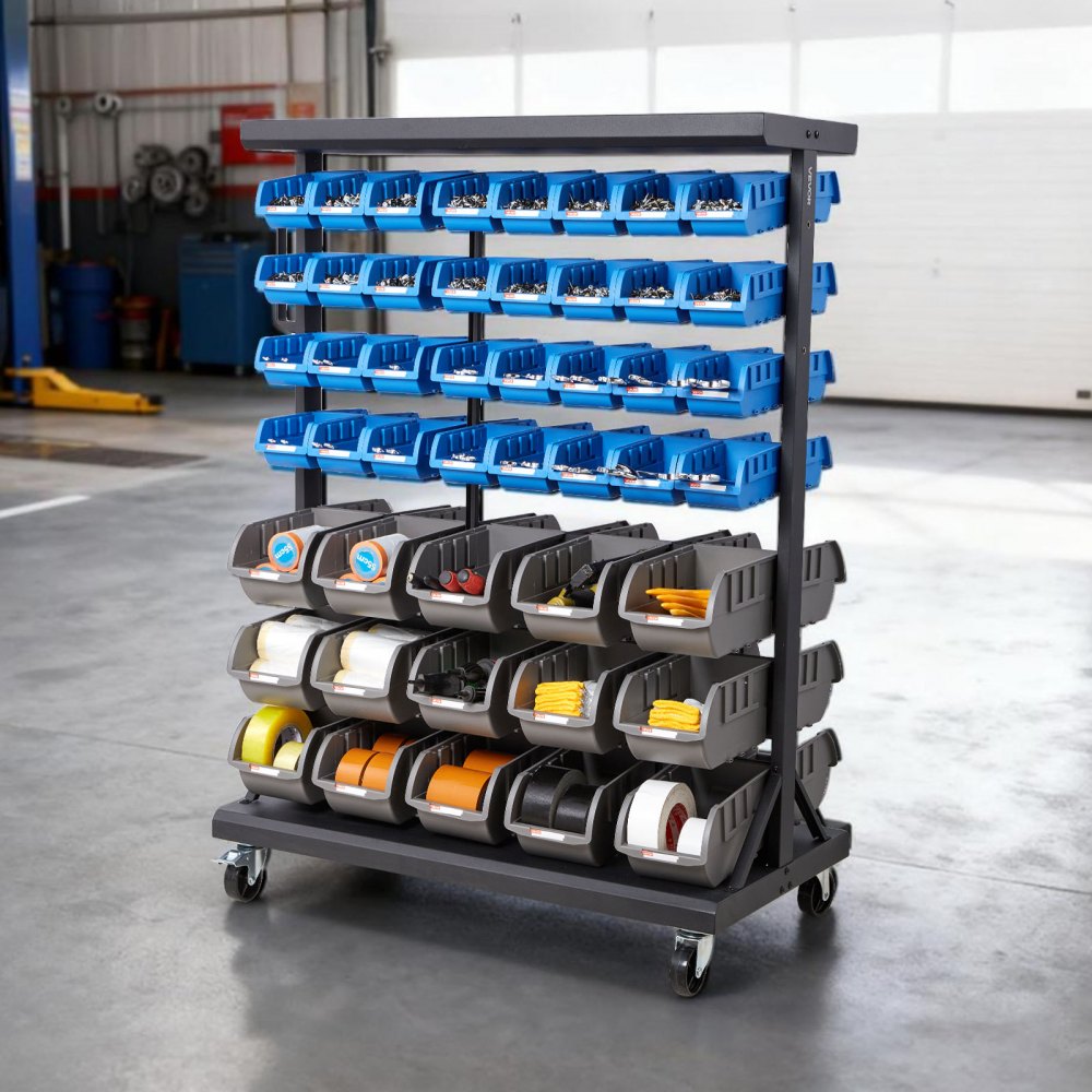 VEVOR 7-Tier Double-Sided Rolling Bin Storage Rack, 94 Plastic Bins, Dual-Sided Parts Organizer with Wheels, Mobile