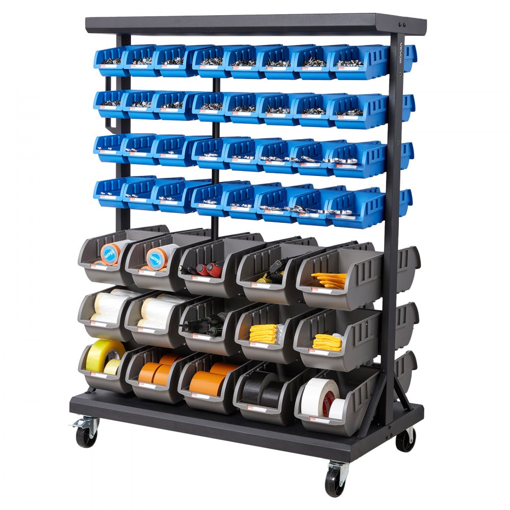 VEVOR 7-Tier Double-Sided Rolling Bin Storage Rack, 94 Plastic Bins, Dual-Sided Parts Organizer with Wheels, Mobile