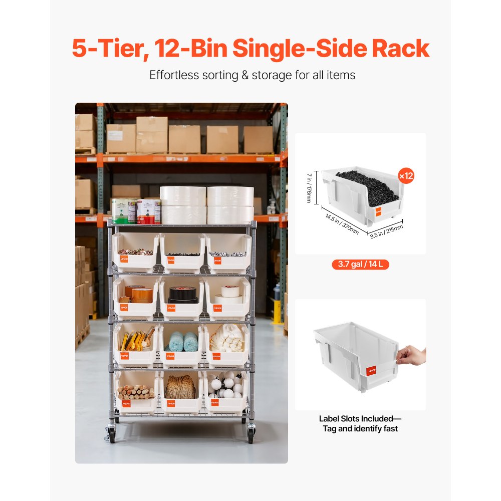 VEVOR 5-Tier Rolling Bin Storage Rack, 12 Organizer Bins, Bin Rack Storage Steel Wire Shelving System with Wheels