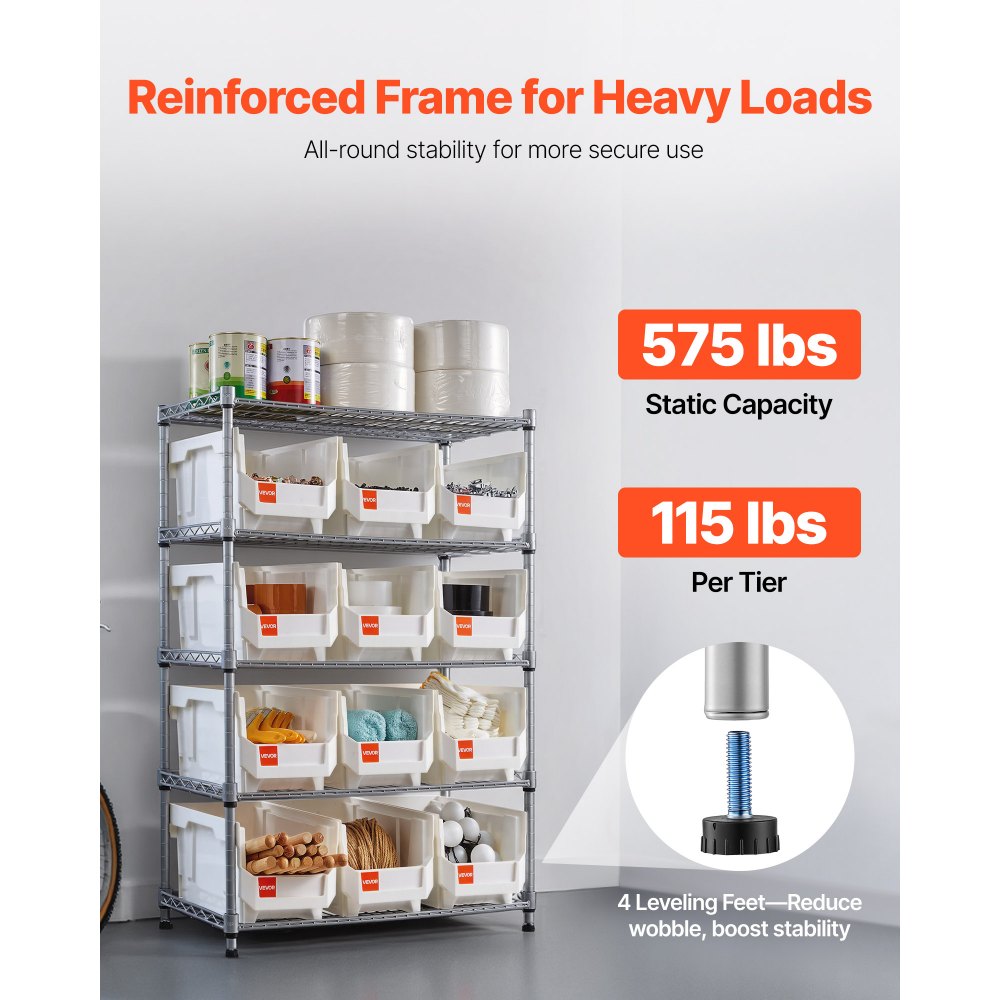 VEVOR 5-Tier Rolling Bin Storage Rack, 12 Organizer Bins, Bin Rack Storage Steel Wire Shelving System with Wheels