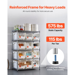 VEVOR 5-Tier Rolling Bin Storage Rack, 12 Organizer Bins, Bin Rack Storage Steel Wire Shelving System with Wheels