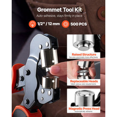VEVOR Grommet Tool Kit 1/2" Eyelet Tool Kit with 500 PCS Silver Grommets, with Eyelets and Washers, Manual Grommet