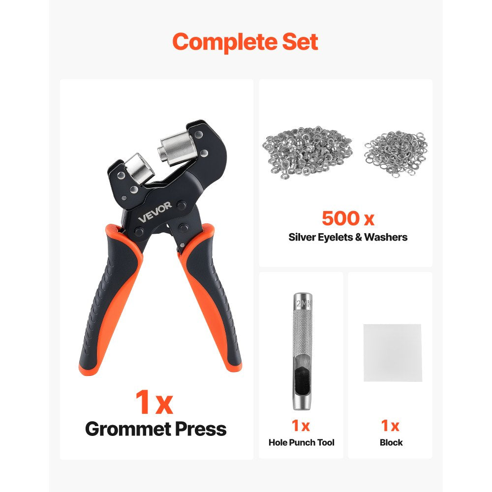 VEVOR Grommet Tool Kit 1/2" Eyelet Tool Kit with 500 PCS Silver Grommets, with Eyelets and Washers, Manual Grommet